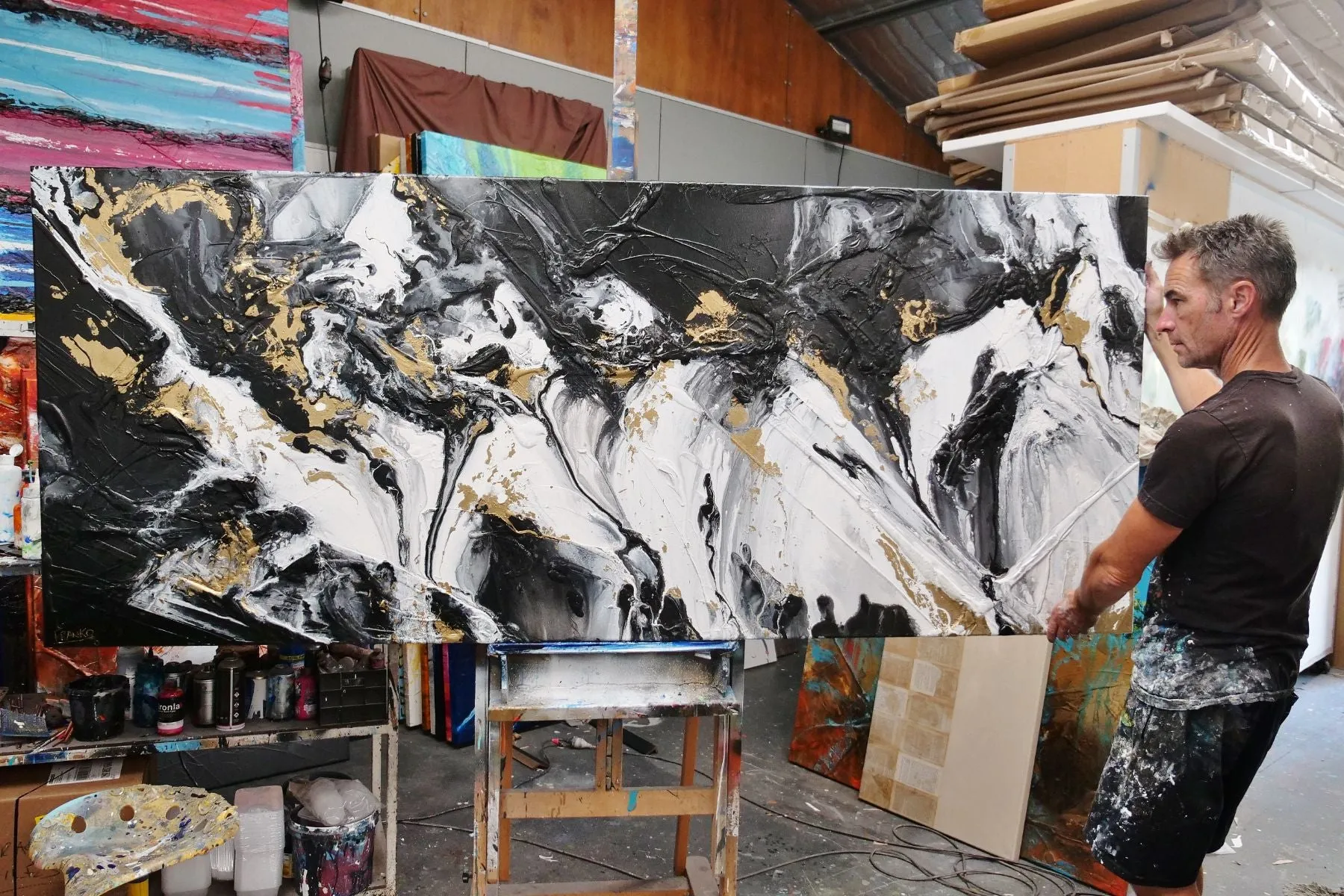 Gold Riches 240cm x 100cm Black Metallic Gold White Textured Abstract Painting (SOLD)