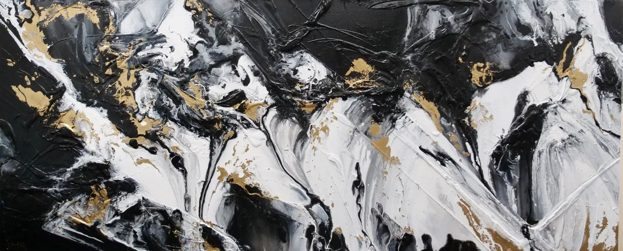 Gold Riches 240cm x 100cm Black Metallic Gold White Textured Abstract Painting (SOLD)