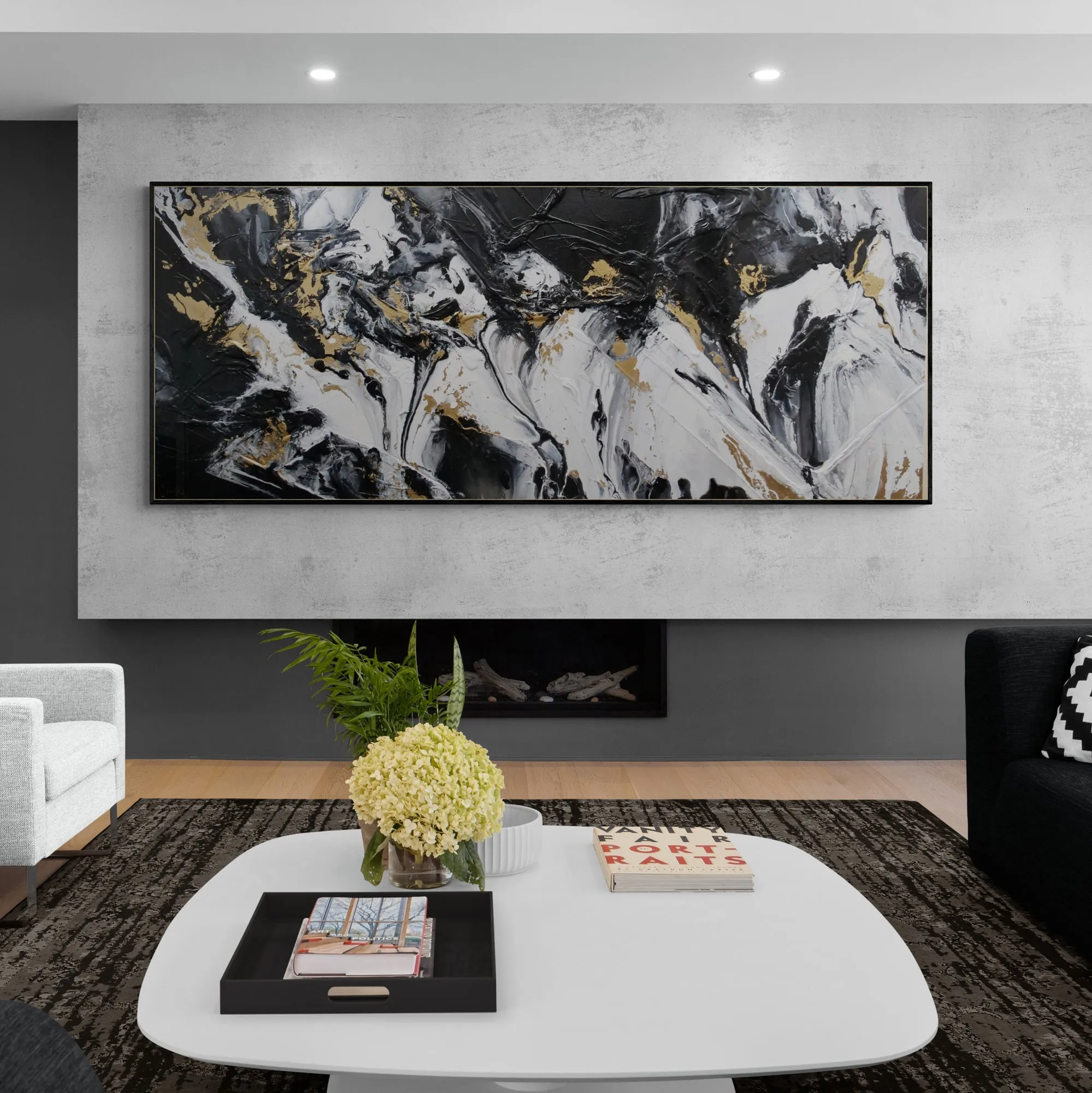 Gold Riches 240cm x 100cm Black Metallic Gold White Textured Abstract Painting (SOLD)