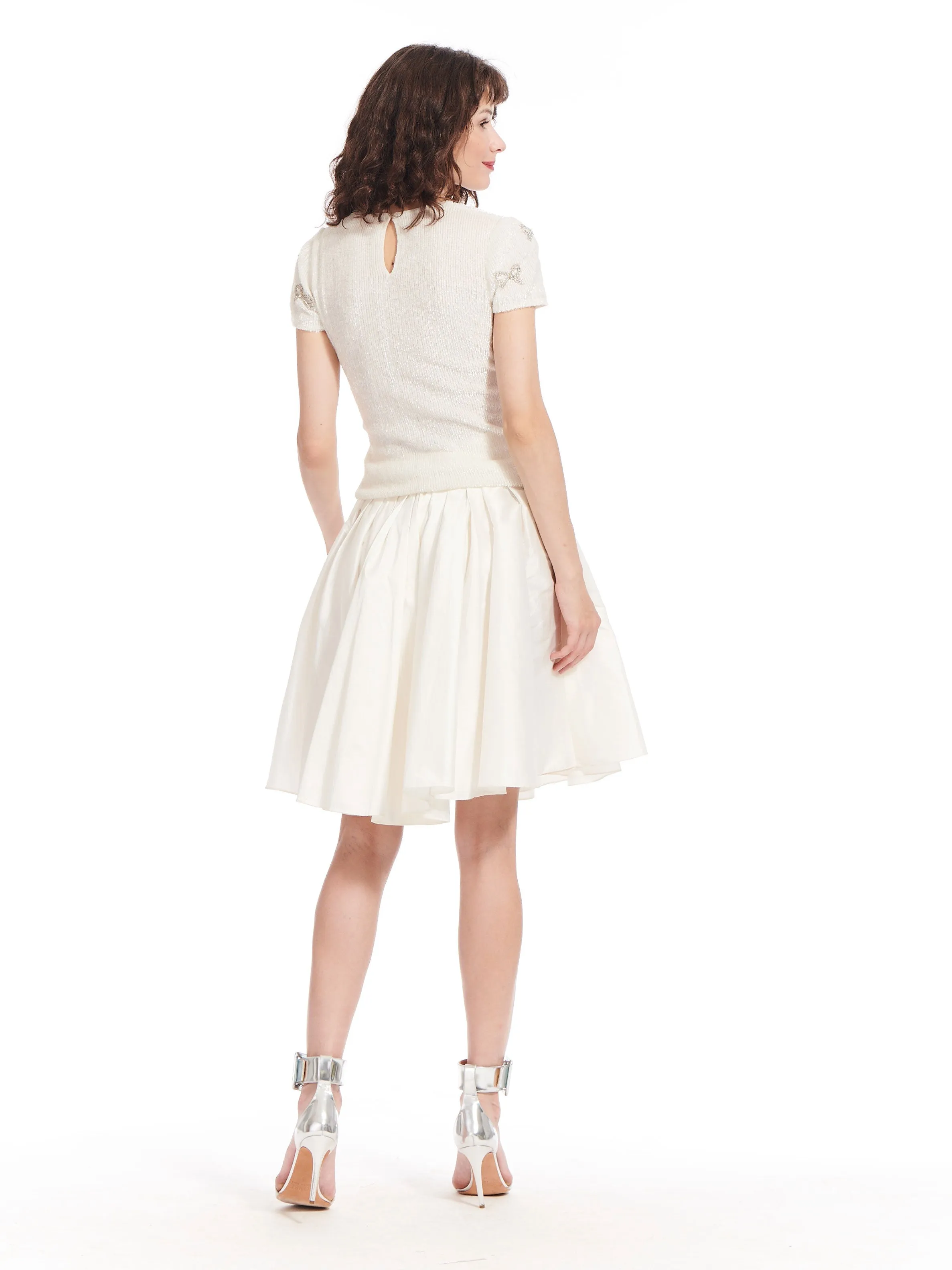 IVORY SHORT SLEEVE SEQUIN TOP WITH CRYSTAL BOWS