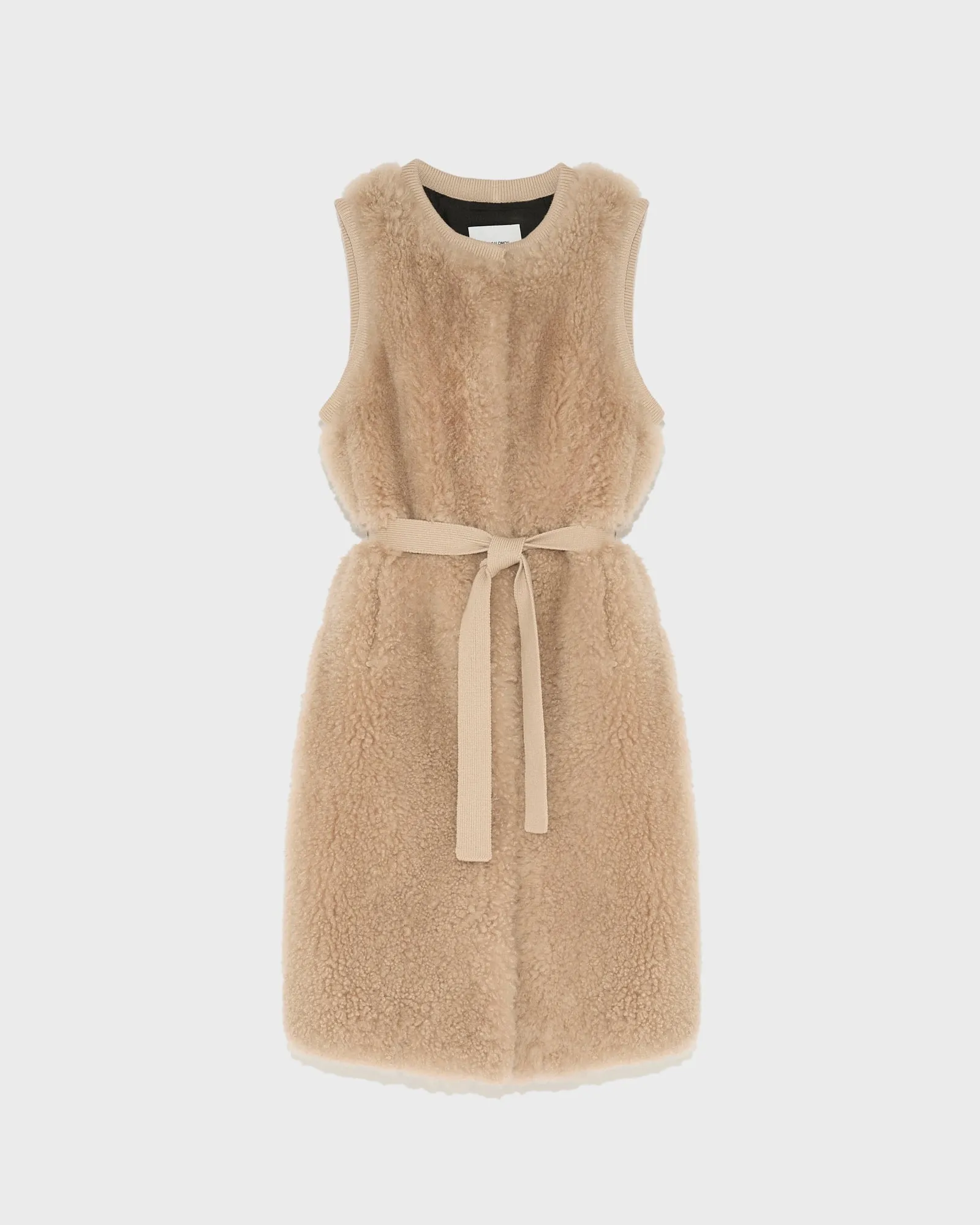 Long belted gilet in merino knit and lambskin