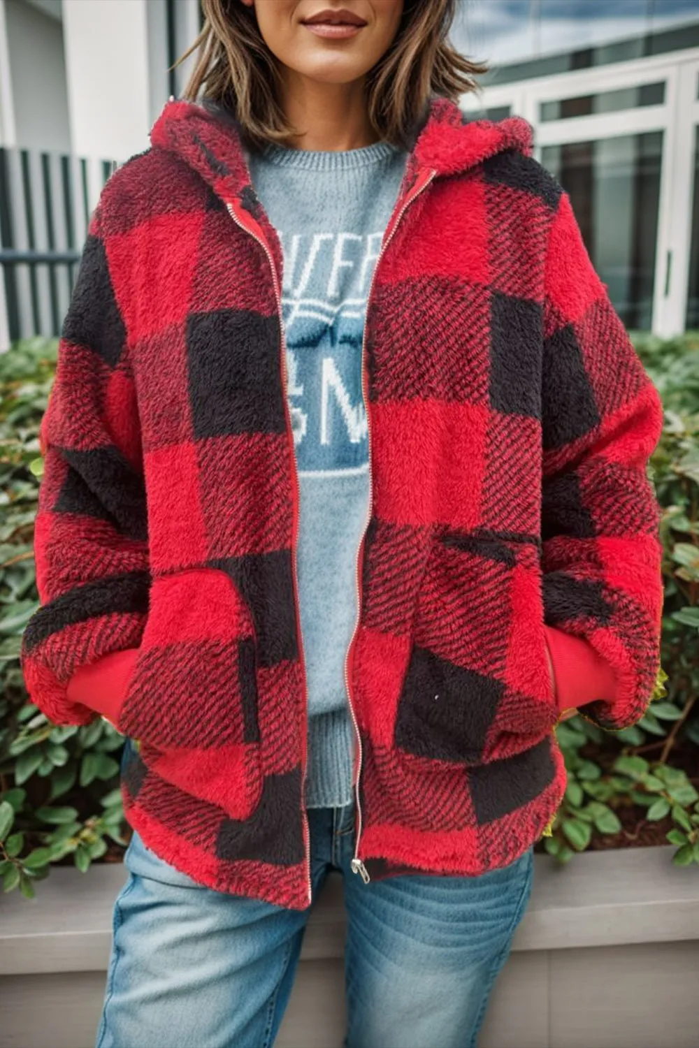Long Sleeve Hooded Plaid Coat