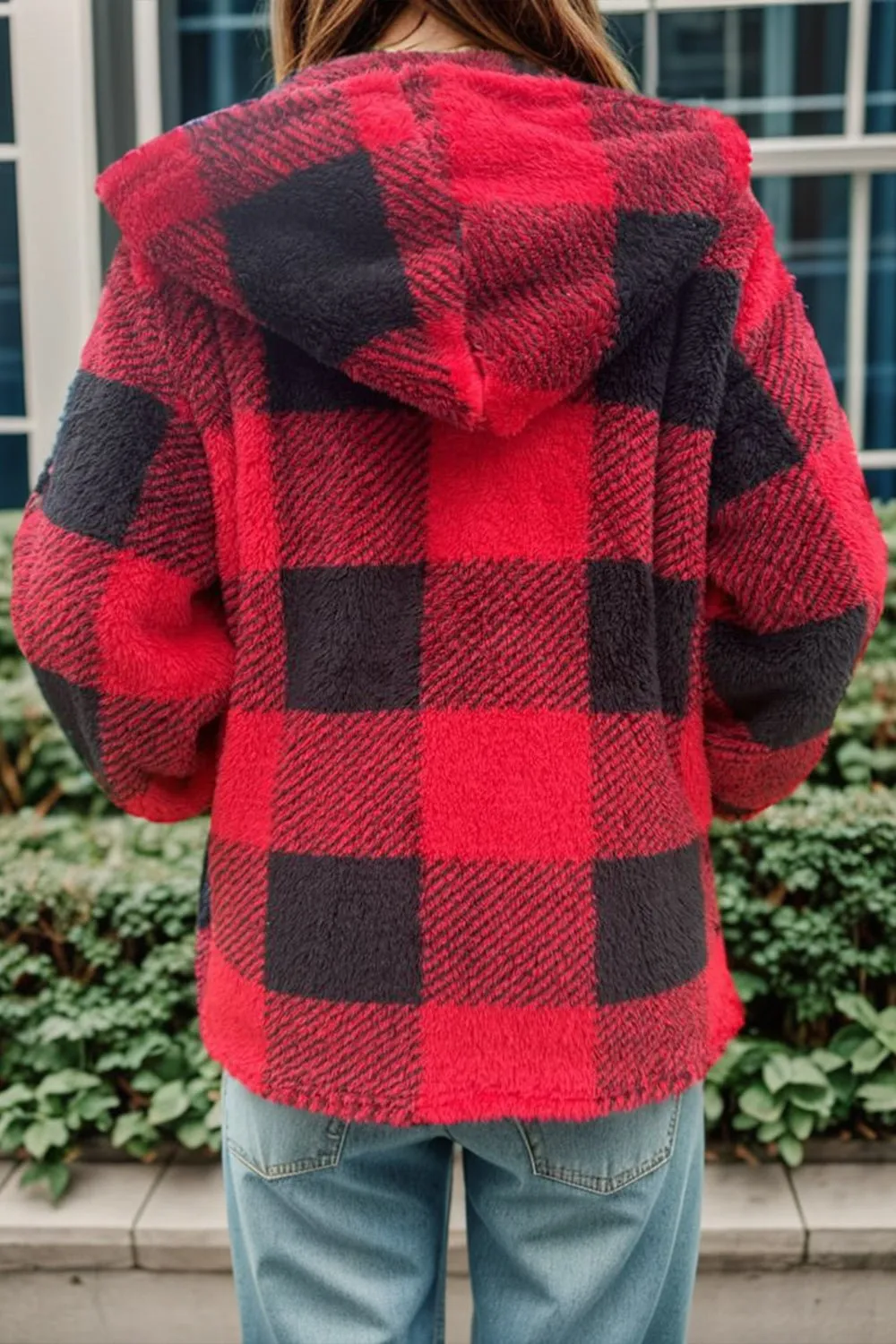 Long Sleeve Hooded Plaid Coat