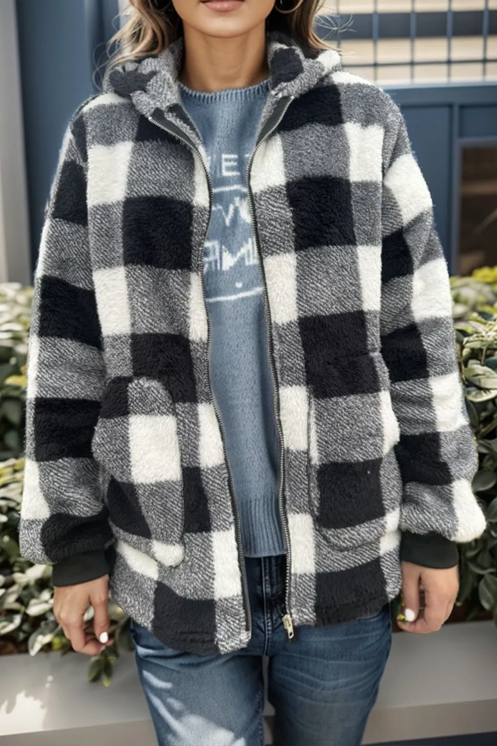 Long Sleeve Hooded Plaid Coat