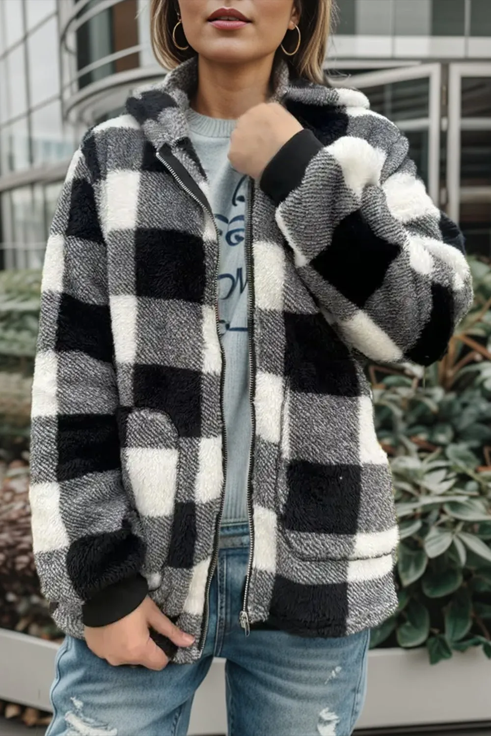 Long Sleeve Hooded Plaid Coat