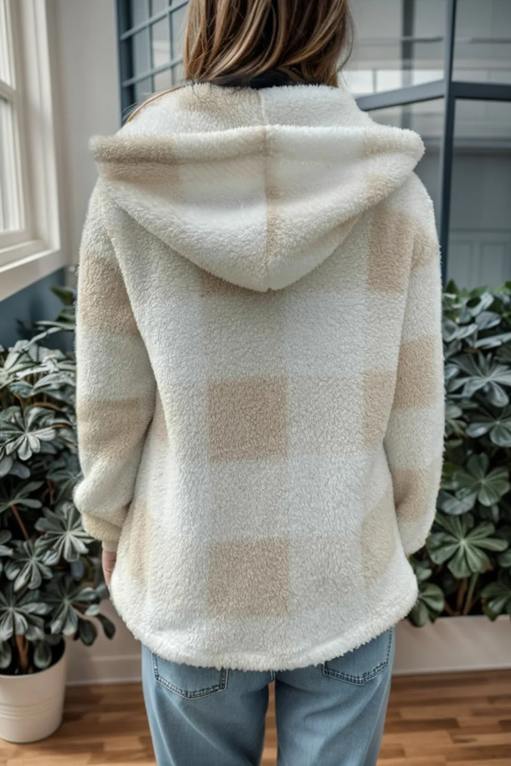 Long Sleeve Hooded Plaid Coat