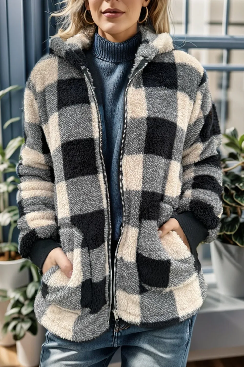 Long Sleeve Hooded Plaid Coat