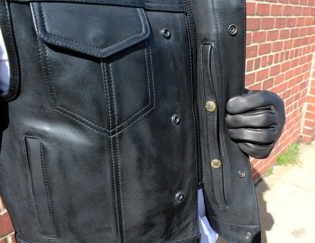 Mens Motorcycle Platinum Thick Leather Collarless Son Of Anarcy Gunpocket Vest