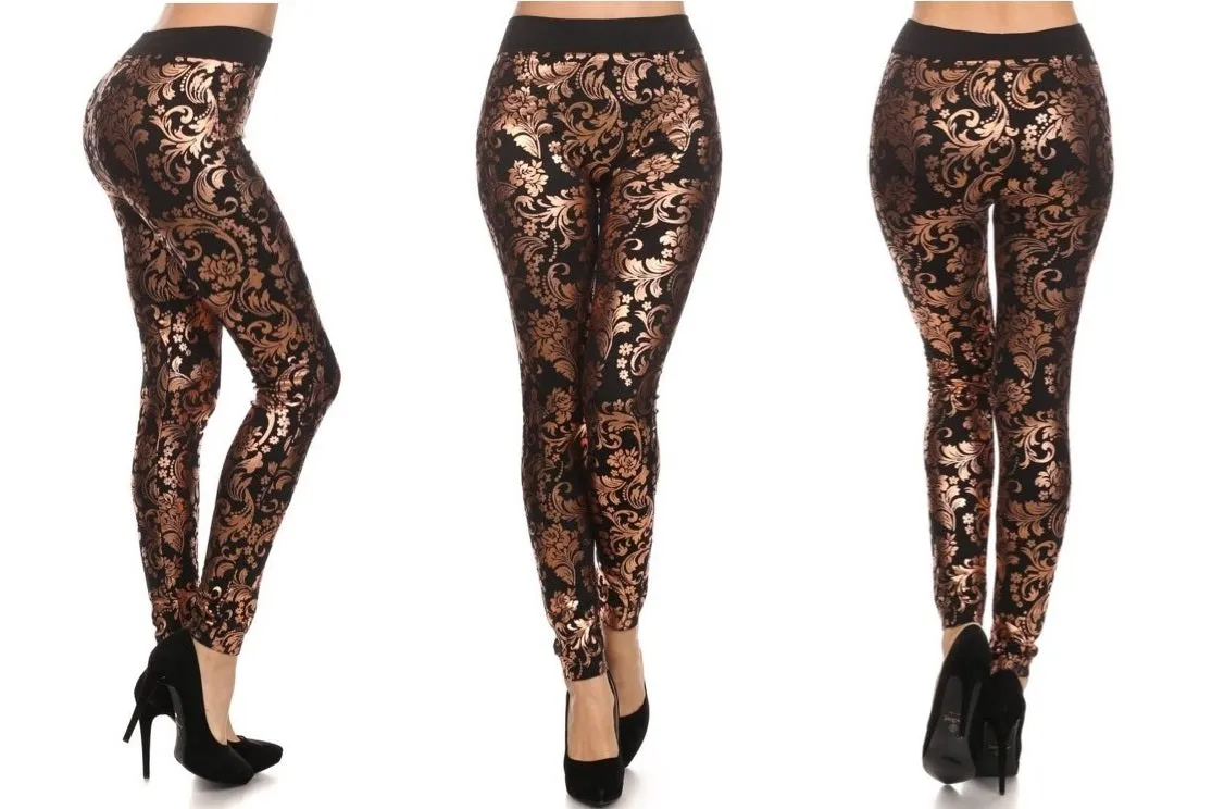 Metallic High Waist Leggings (Gold Paisley)