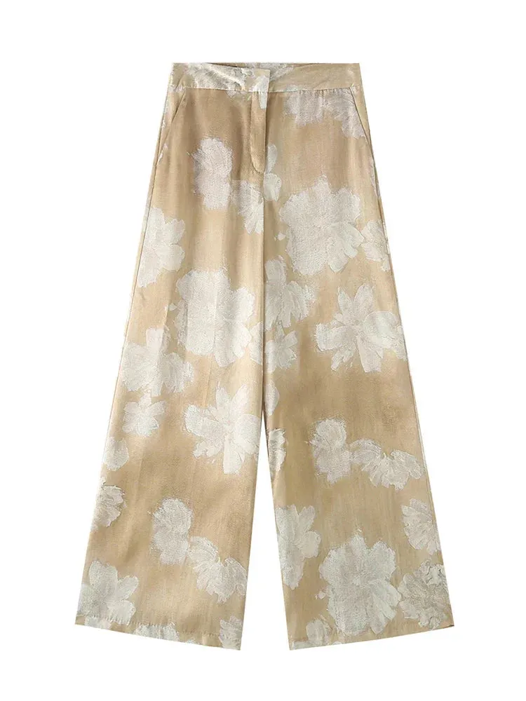 Metaversmall Casual Printing Two Piece Sets For Women Lapel Long Sleeve Shirts High Waist Wide Leg Pants Minimalist Loose Set Female