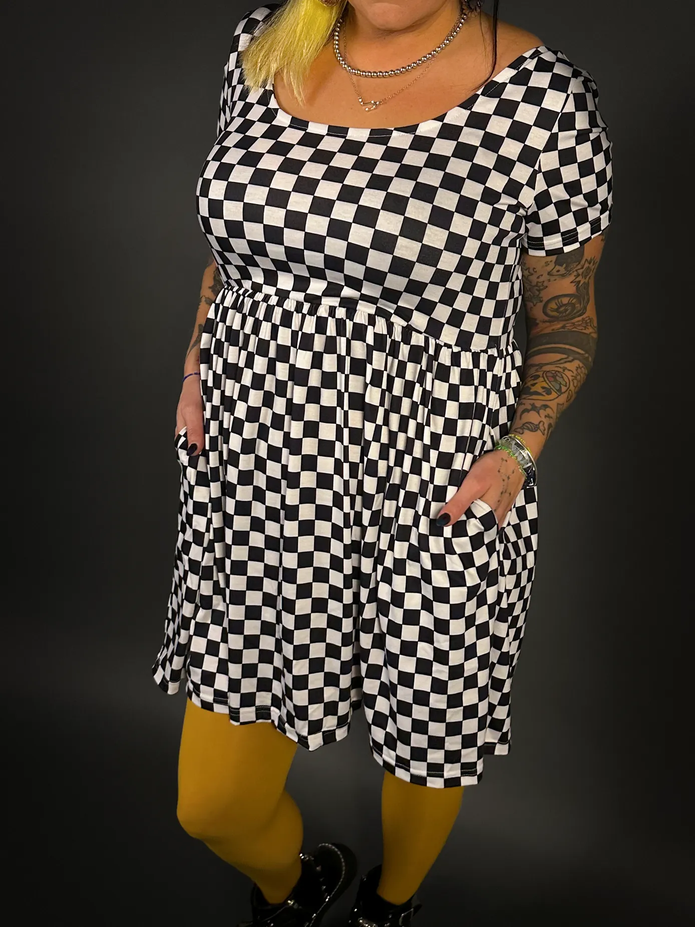 Outfit Set - Tommyrot Checkered Short Sleeve Skater Dress & Mustard Tights by Pamela Mann