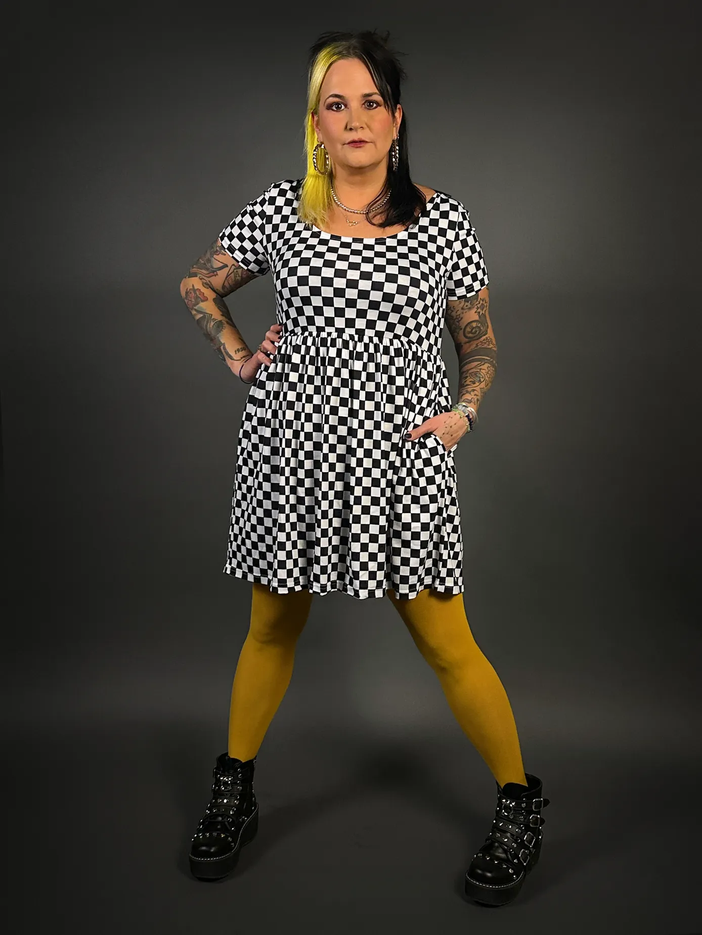 Outfit Set - Tommyrot Checkered Short Sleeve Skater Dress & Mustard Tights by Pamela Mann