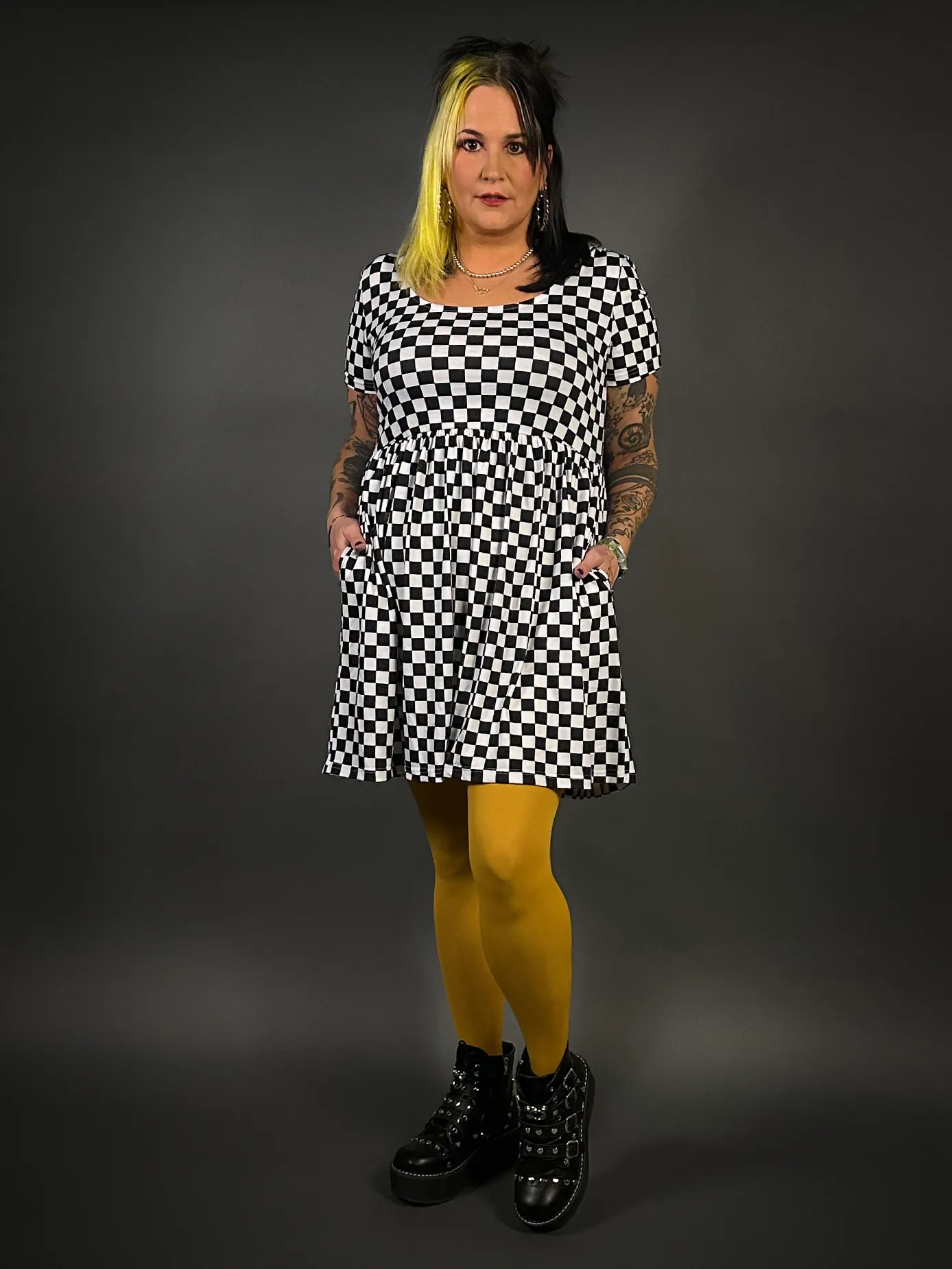 Outfit Set - Tommyrot Checkered Short Sleeve Skater Dress & Mustard Tights by Pamela Mann