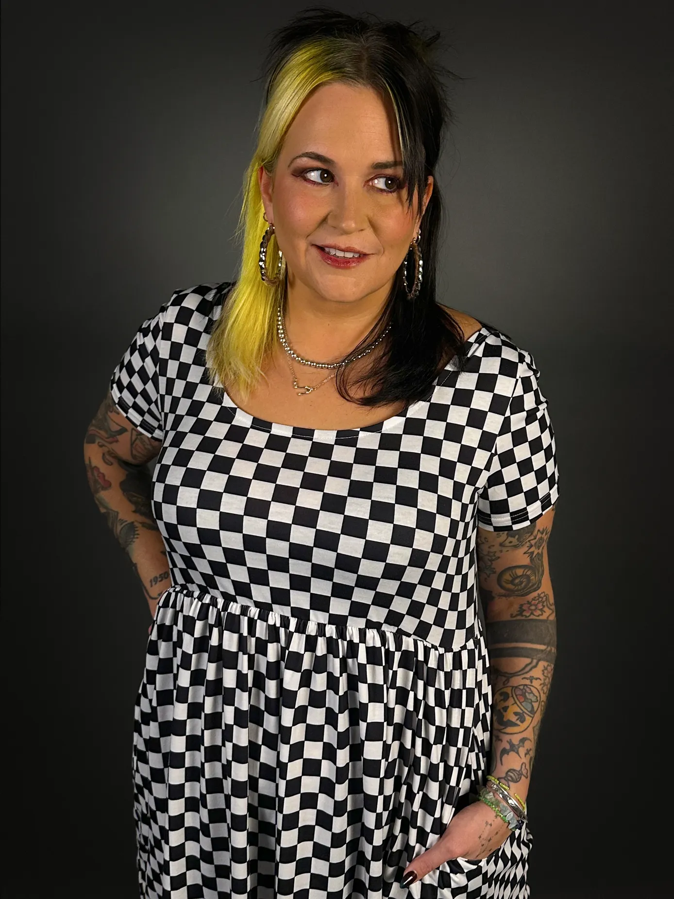Outfit Set - Tommyrot Checkered Short Sleeve Skater Dress & Mustard Tights by Pamela Mann