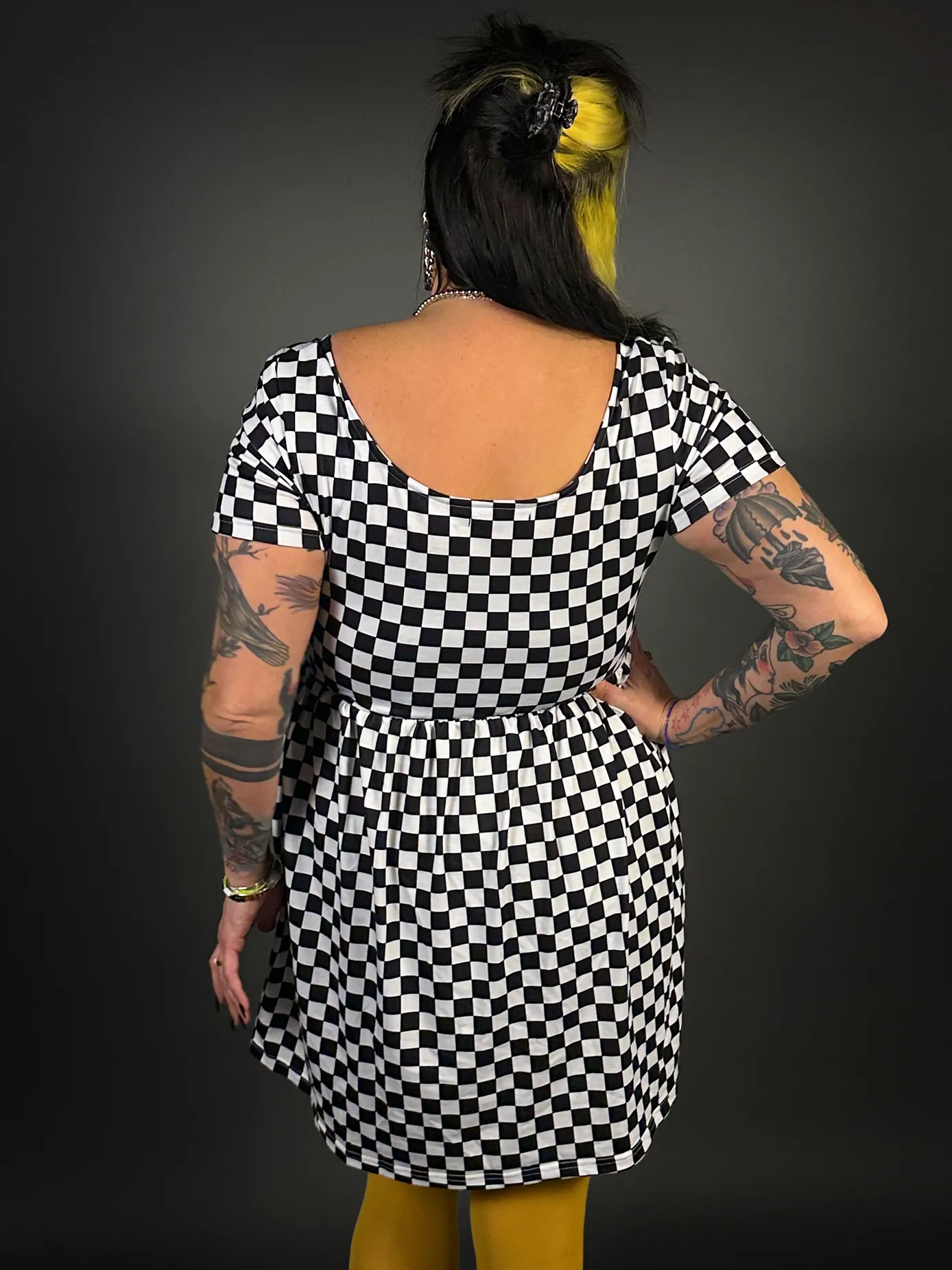 Outfit Set - Tommyrot Checkered Short Sleeve Skater Dress & Mustard Tights by Pamela Mann