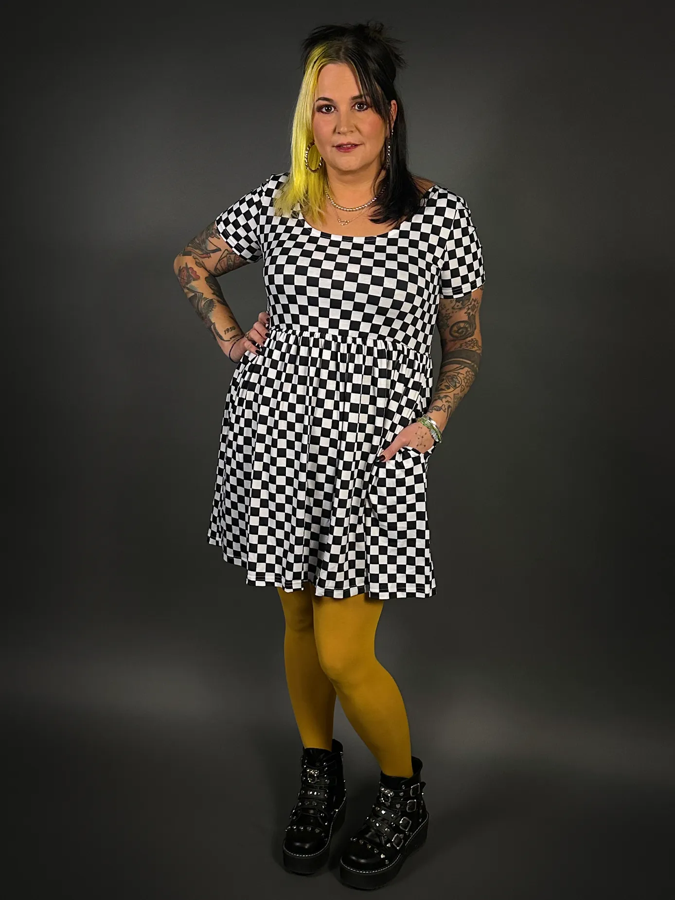 Outfit Set - Tommyrot Checkered Short Sleeve Skater Dress & Mustard Tights by Pamela Mann