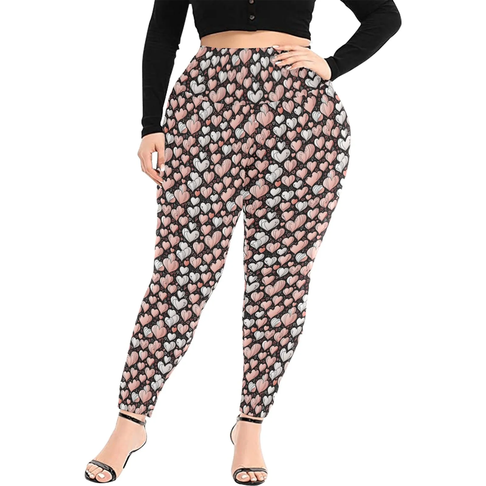 Pink Hearts Women's Plus Size High Waited Leggings Women's High Waist Leggings(Plus Size)(ModelL45)