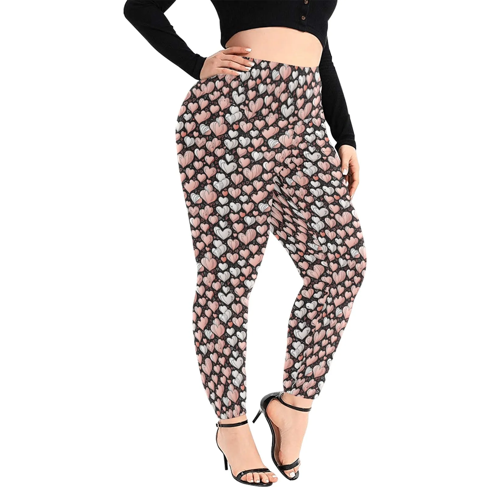 Pink Hearts Women's Plus Size High Waited Leggings Women's High Waist Leggings(Plus Size)(ModelL45)