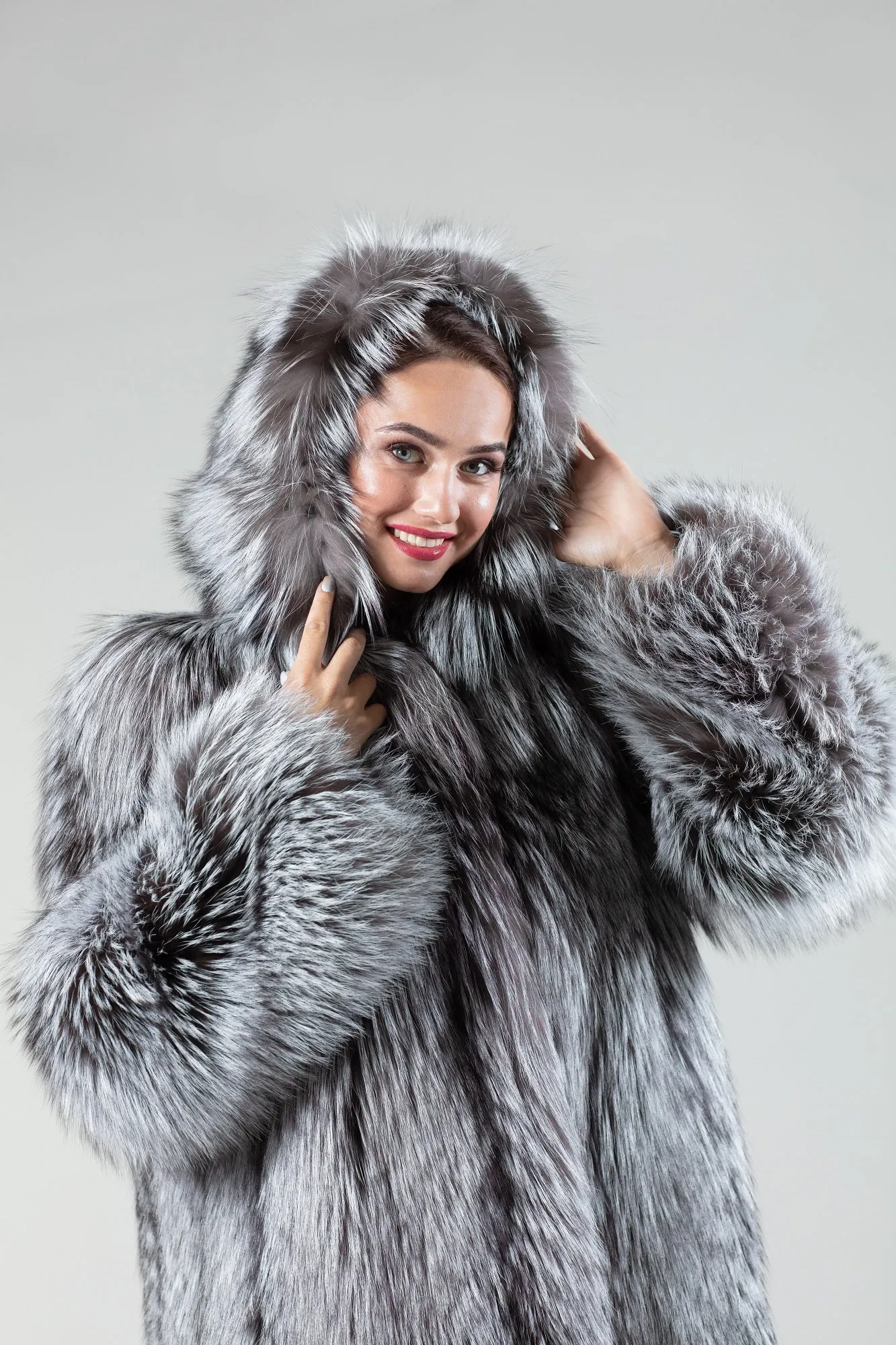 Real Silver Fox Fur Coat Hooded