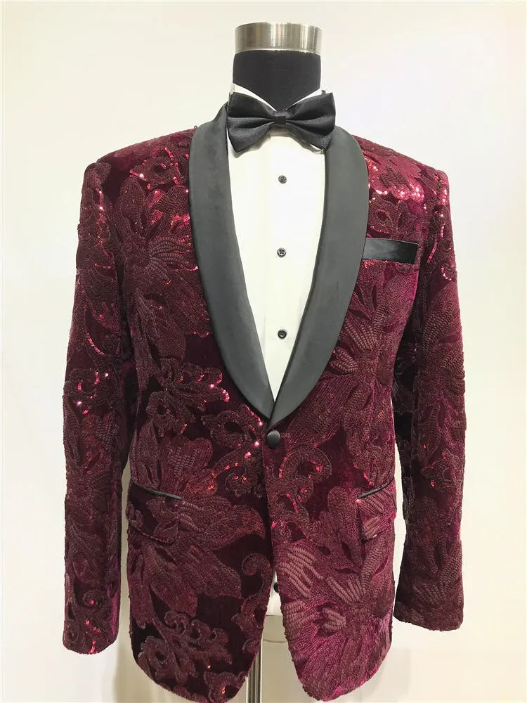 Red Beaded Suit Tuxedo Jacket  black Pant Mens Stage Wear Mens Tuxedos Wedding Plus Size 4XL Red Groom Suit