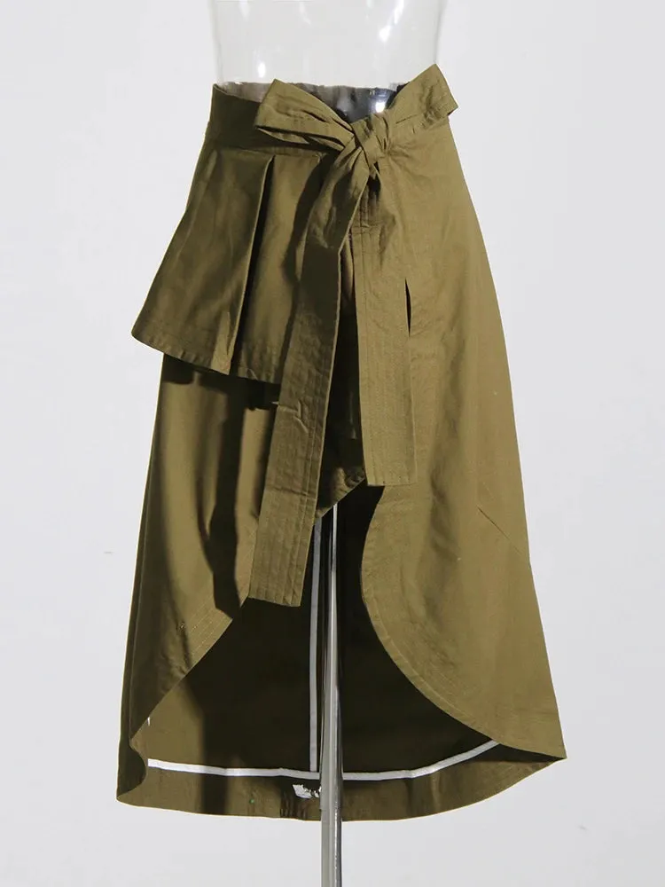 Solid Irregular Skirts For Women High Waist Patchwork Belt A Line Mid Calf Skirt Spring Female Fashion Clothing