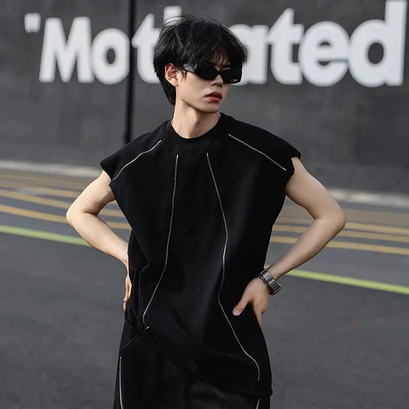Sports Tank Top Men's Summer Zipper Split Design Casual Sleeveless T-shirt American Fashion Handsome Male Vest 9C5771