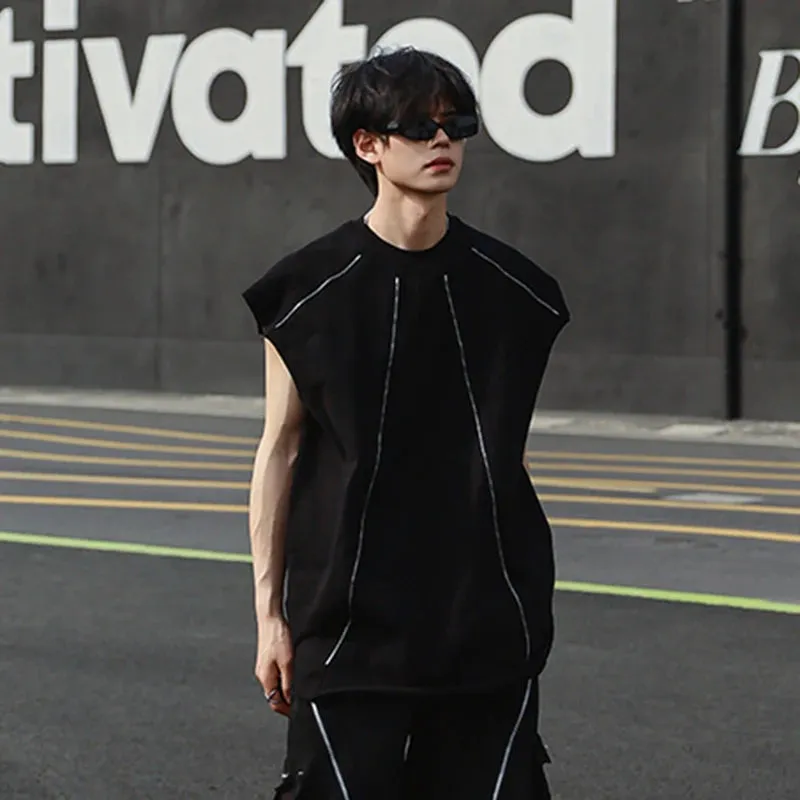 Sports Tank Top Men's Summer Zipper Split Design Casual Sleeveless T-shirt American Fashion Handsome Male Vest 9C5771