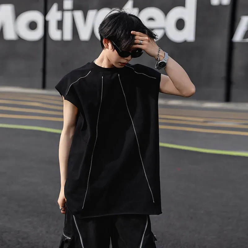 Sports Tank Top Men's Summer Zipper Split Design Casual Sleeveless T-shirt American Fashion Handsome Male Vest 9C5771
