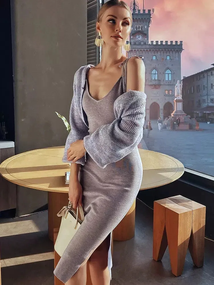 Spring Solid Matching Sets Slim Purple Strap Wrap Hip Knitted Dress V Neck Long Sleeve Knitted Cardigan Thin Sweaters  C-027