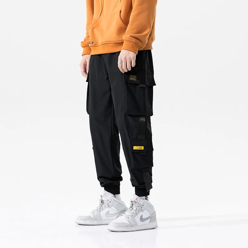 Streetwear 2023 Spring Harem Casual Men's Pants Harajuku Ribbons Cargo Pants Solid Color Ankle-length Joggers Men