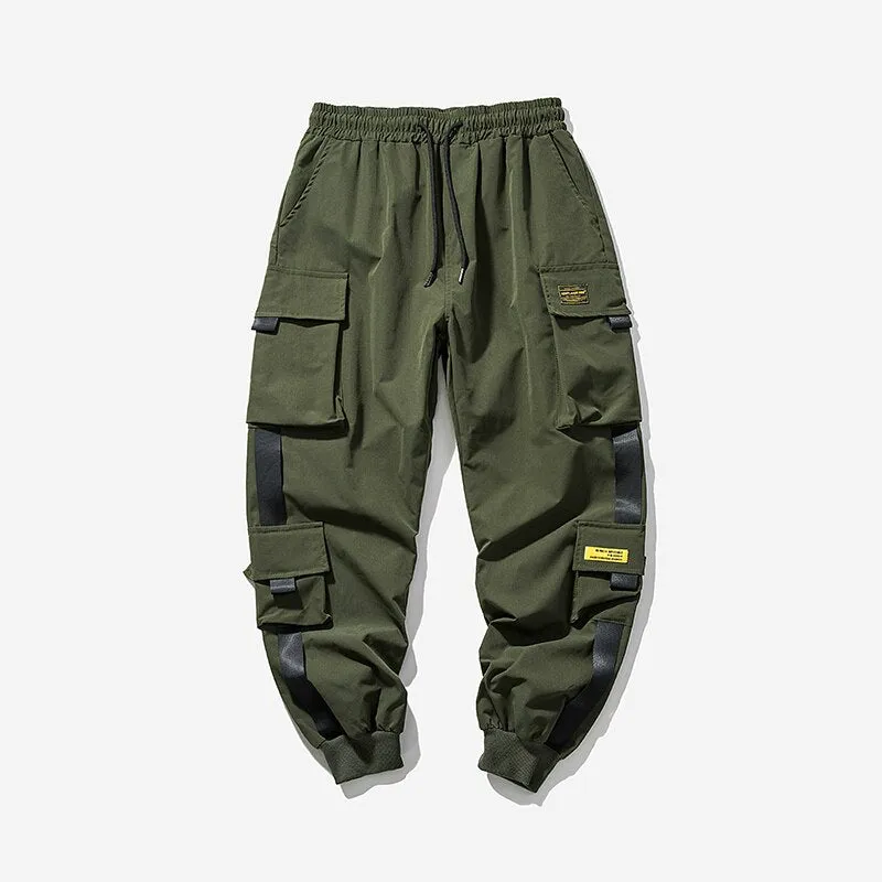Streetwear 2023 Spring Harem Casual Men's Pants Harajuku Ribbons Cargo Pants Solid Color Ankle-length Joggers Men