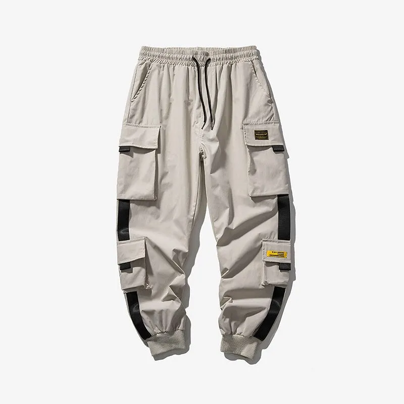 Streetwear 2023 Spring Harem Casual Men's Pants Harajuku Ribbons Cargo Pants Solid Color Ankle-length Joggers Men