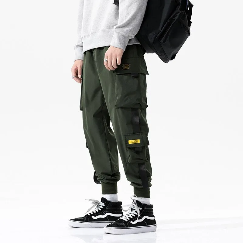 Streetwear 2023 Spring Harem Casual Men's Pants Harajuku Ribbons Cargo Pants Solid Color Ankle-length Joggers Men