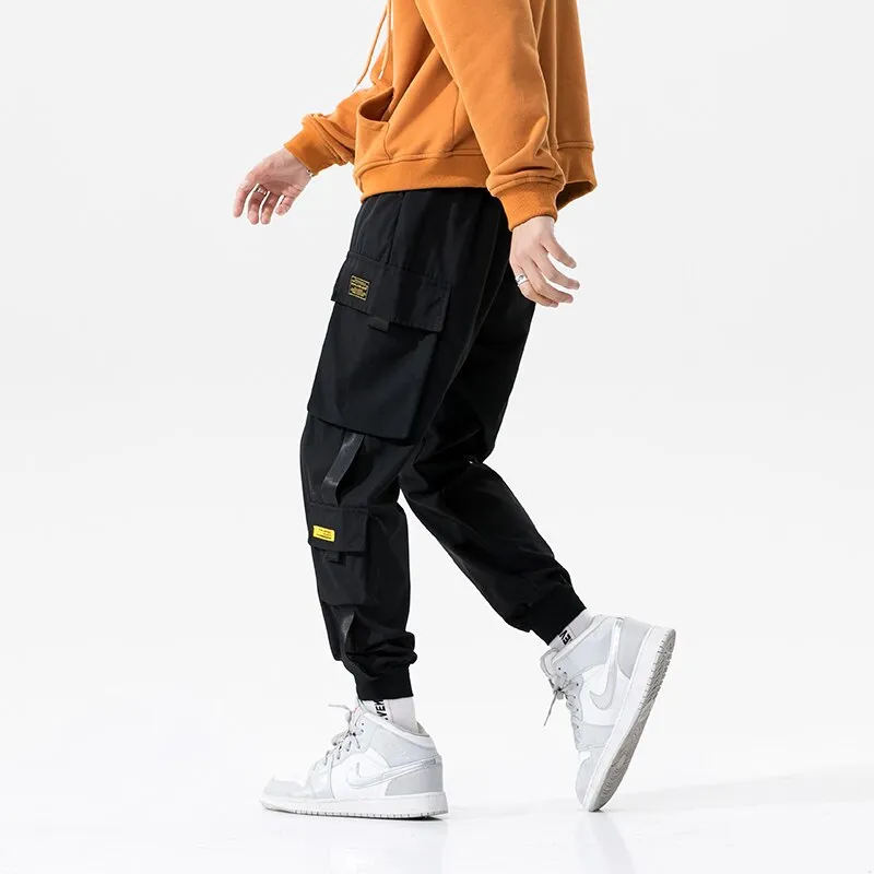 Streetwear 2023 Spring Harem Casual Men's Pants Harajuku Ribbons Cargo Pants Solid Color Ankle-length Joggers Men