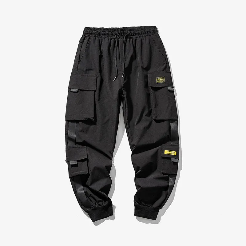 Streetwear 2023 Spring Harem Casual Men's Pants Harajuku Ribbons Cargo Pants Solid Color Ankle-length Joggers Men