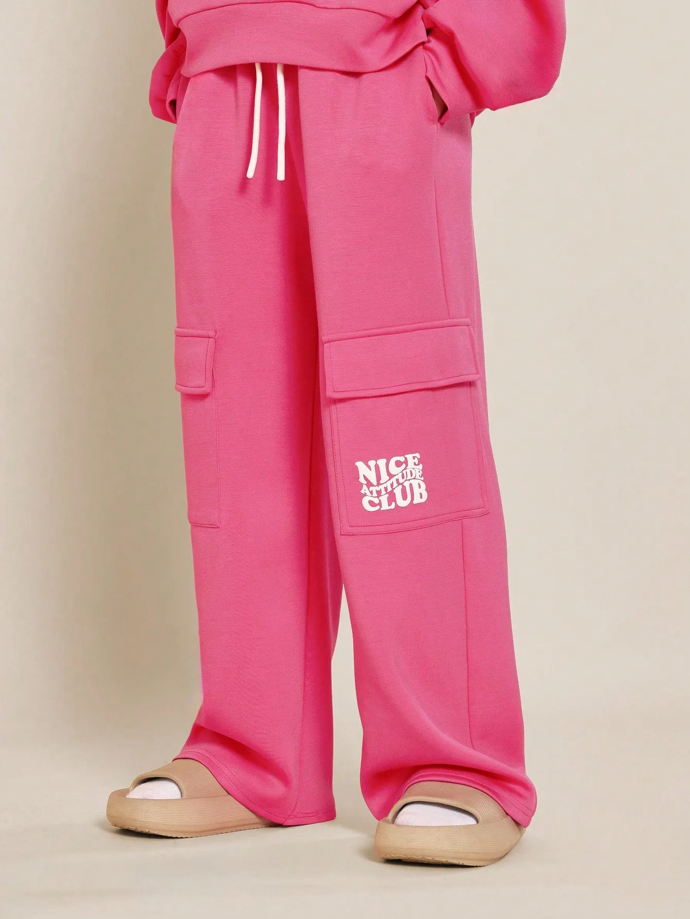 Tween Girls Pink Loopback Sweatshirt And Cargo Jogger With Puff Graphic Print 2 Piece Set