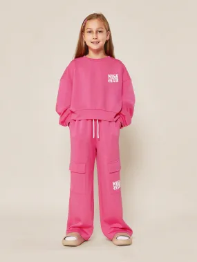 Tween Girls Pink Loopback Sweatshirt And Cargo Jogger With Puff Graphic Print 2 Piece Set