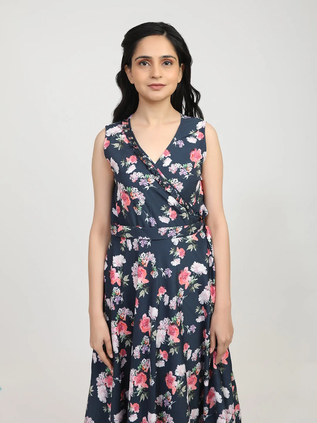 Women Navy Blue Floral Crepe Maxi Dress