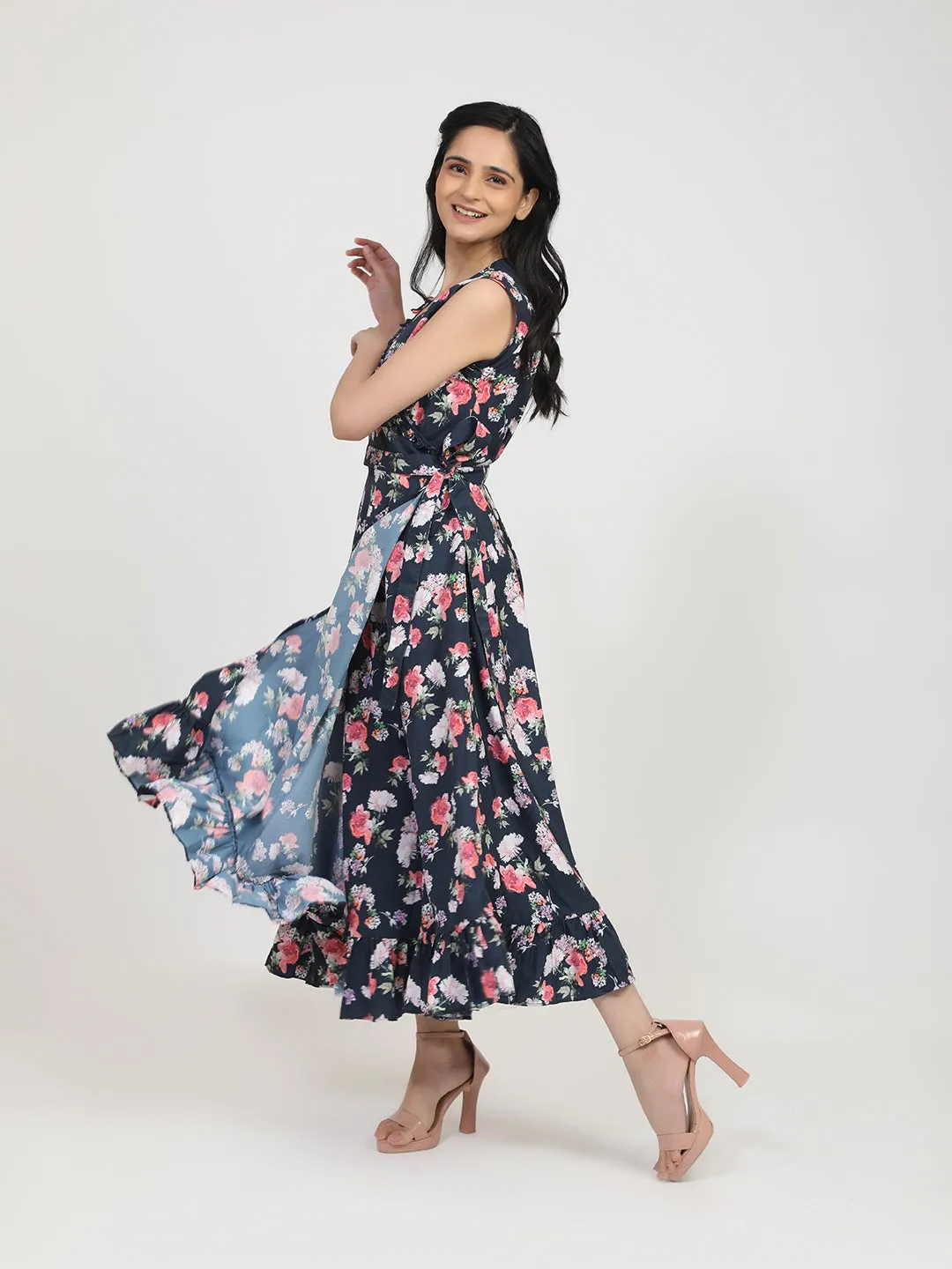 Women Navy Blue Floral Crepe Maxi Dress