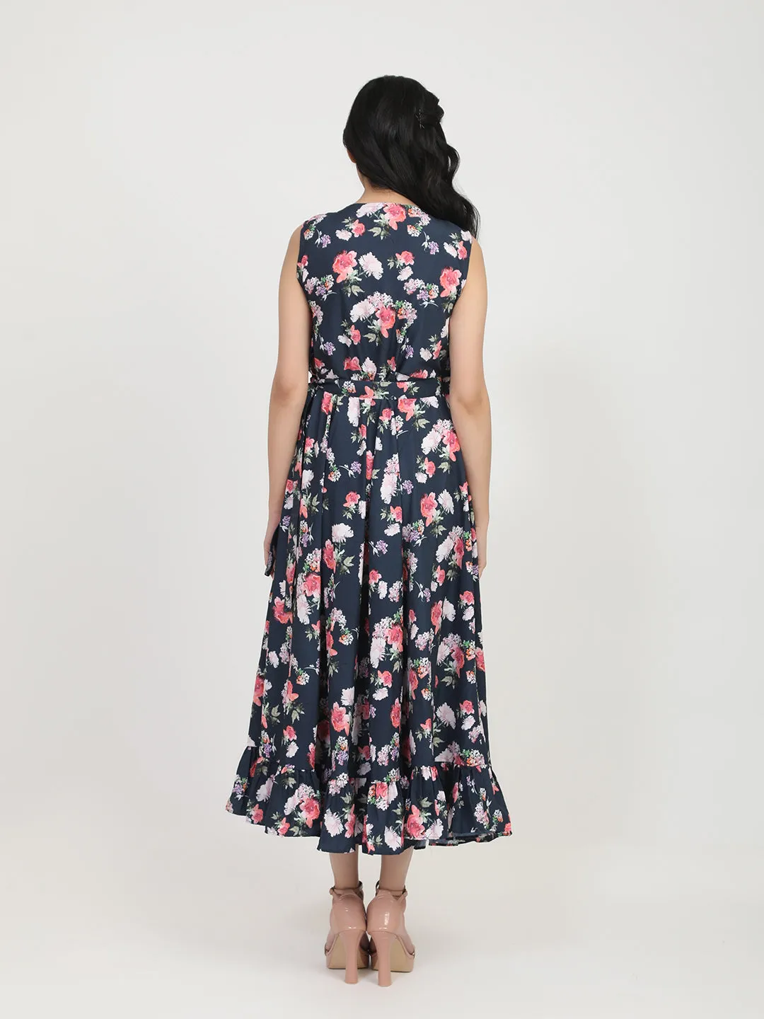 Women Navy Blue Floral Crepe Maxi Dress