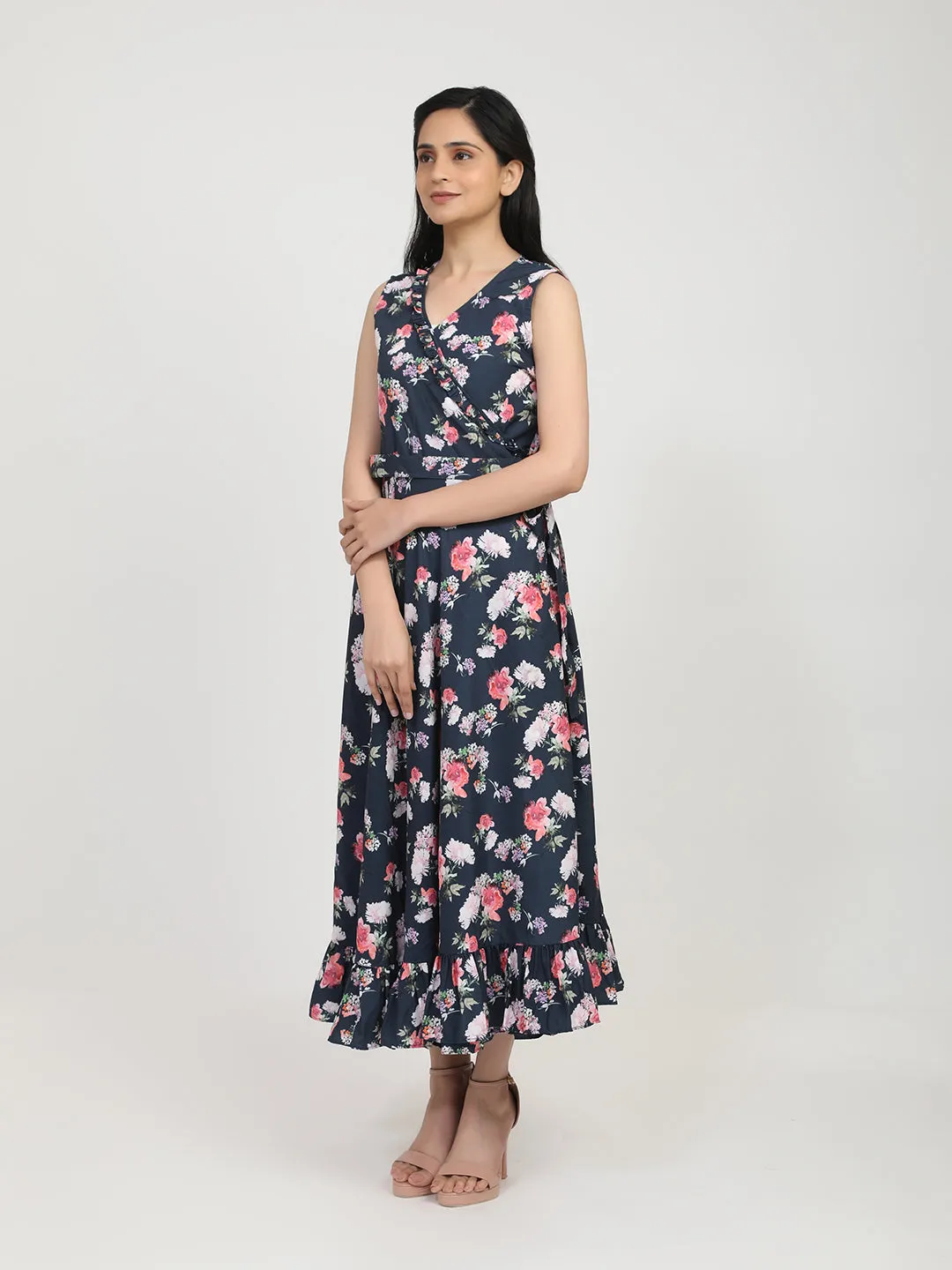 Women Navy Blue Floral Crepe Maxi Dress