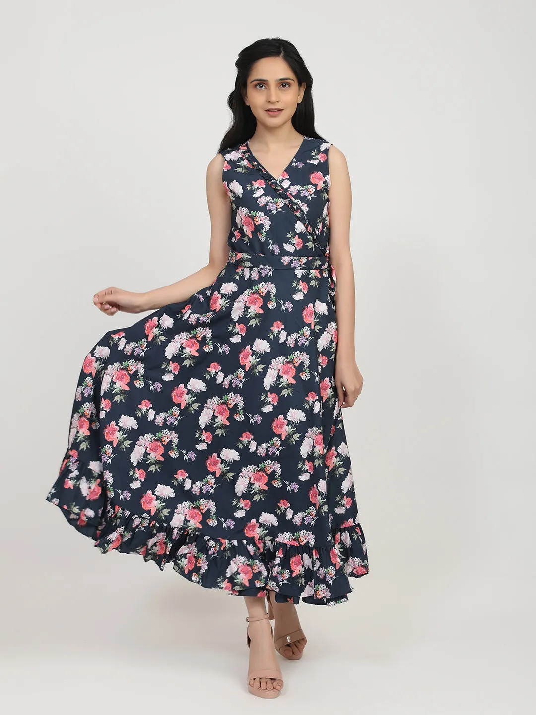 Women Navy Blue Floral Crepe Maxi Dress