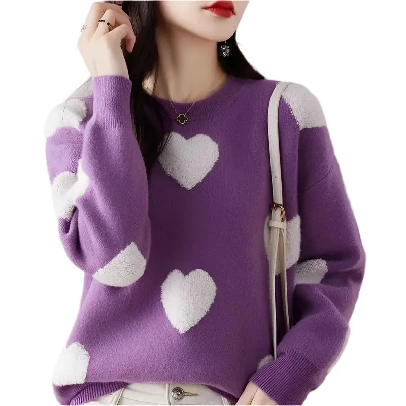 Women's Long Sleeve Sweater - Colorful Collar, Loose Fit, Autumn Winter Fashion, Versatile Casual Style